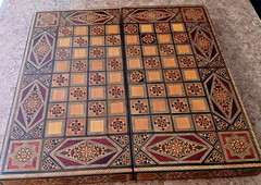 Wood Backgammon Game Box Vintage Inlaid Wood Middle Eastern Mosaic 16x8x3 inches