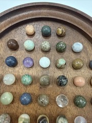 Vintage Wooden Solitaire Game with 37 Semi-Precious Stone Marbles