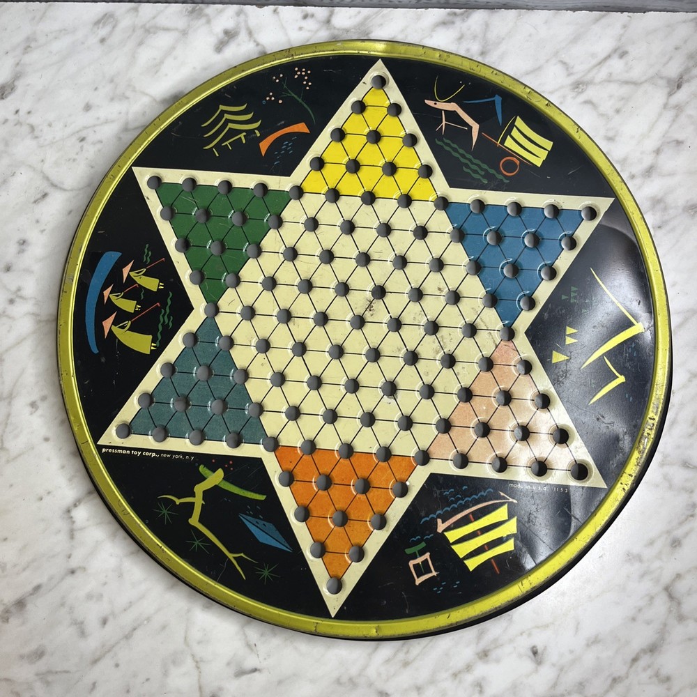 Vintage Pressman Toy Corp Chinese Checker Board Round Metal Multicolor 1153 USA