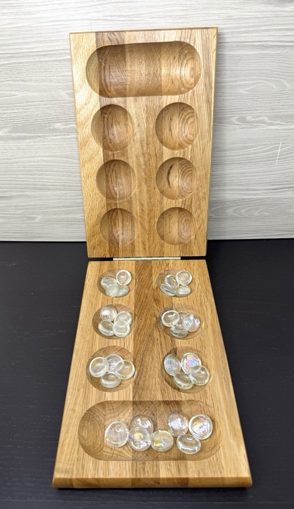 Travel Size Wooden Folding Mancala Board Game Set Glass Pieces 8.5 x 5.5 Retro