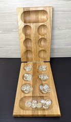 Travel Size Wooden Folding Mancala Board Game Set Glass Pieces 8.5 x 5.5 Retro