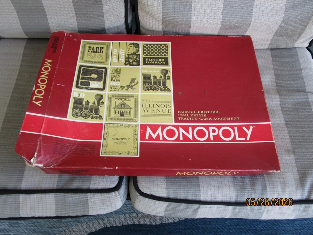 1973 Parker Brothers Monopoly Game with 10 Metal Player Tokens, faux wood tray