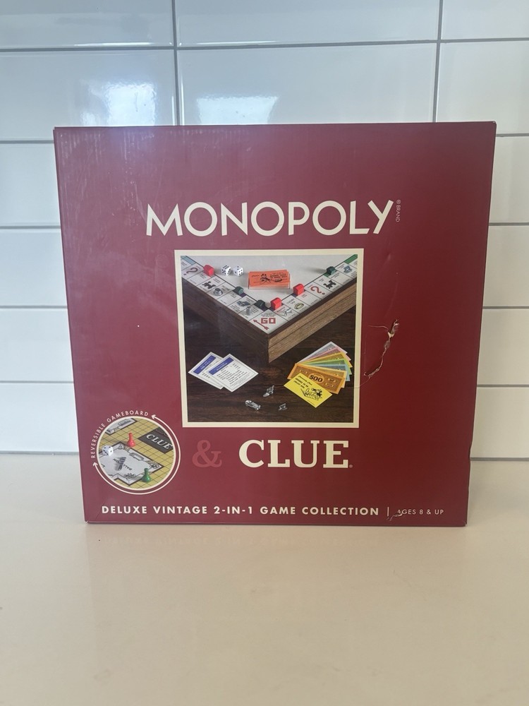Monopoly & Clue Board Games Deluxe Vintage Ed. 2-in-1 Game Collection Wood Board