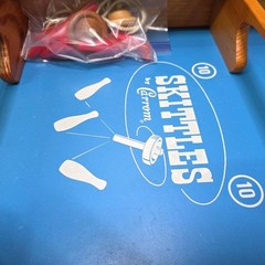 Vintage Carrom Skittles Spin Top Bowling Game 2 Tops, 12 Pins, String, Box. #401