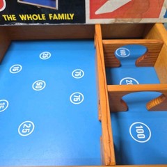 Vintage Carrom Skittles Spin Top Bowling Game 2 Tops, 12 Pins, String, Box. #401