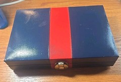 Vintage BACKGAMMON Travel Game Set Navy Blue Faux Leather Folding Case Compact