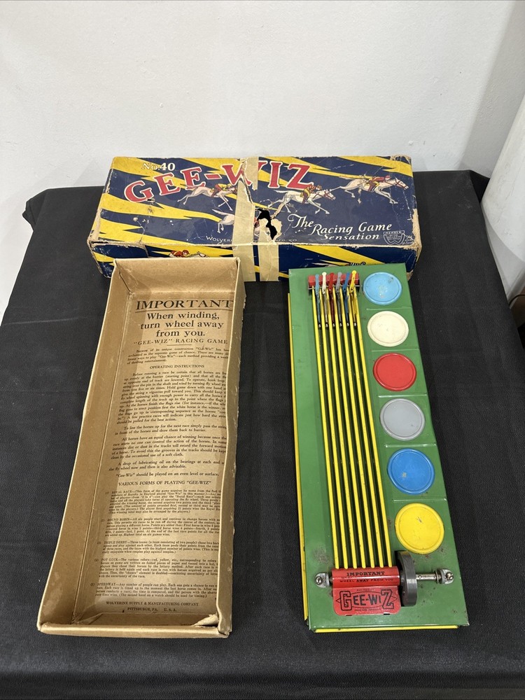 Vintage Gee-Wiz No.40 Racing Game Tin Litho Simulator Wolverine Horse Race Box