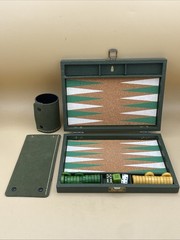 Vtg MARK CROSS Travel Size Backgammon Set England Bakelite Green & Yellow Chips