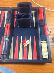 Vintage BACKGAMMON Travel Game Set Navy Blue Faux Leather Folding Case Compact