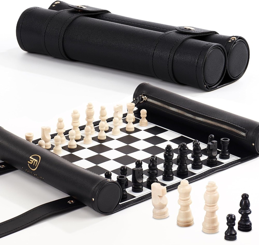 Roll Up Chess Set – 11 Foldable Leather Chess Mat with Wooden Chess Pieces – Por