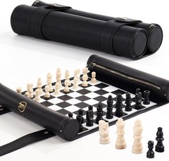 Roll Up Chess Set – 11 Foldable Leather Chess Mat with Wooden Chess Pieces – Por