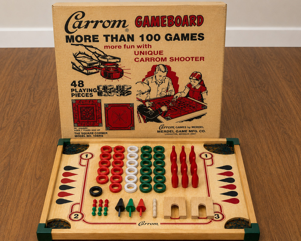 Vintage Carrom 108RS Game Board Complete w/ Box 100+ Games Checkers USA