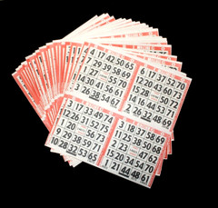 BINGO PAPER Cards Sheets 4 on 1 Red Border EZ READ (LARGER NUMBERS) – 50 Sheets