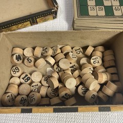 Antique Lotto Game Cardboard Box Wooden Numbers Very Unique Bingo