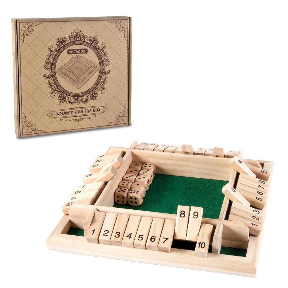 1-4 Players Shut The Box Dice GameClassic 4 Sided Wooden Board Game with 10 D…