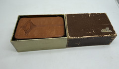 Vtg Travel Game Set Cards + Dice+ R W B Chips in Safari Leather Case #403 c 1940