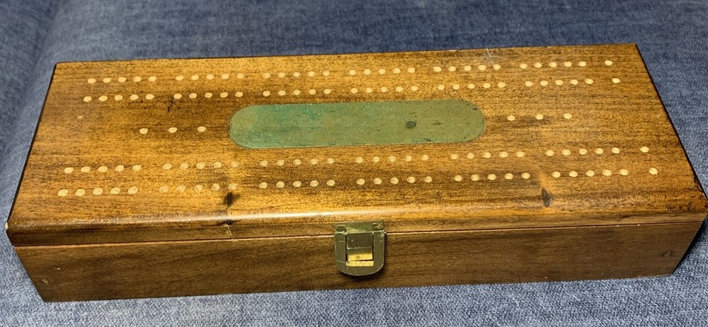 Vintage Game set of 28 Dominoes, Cribbage and Playing Cards In Walnut Case