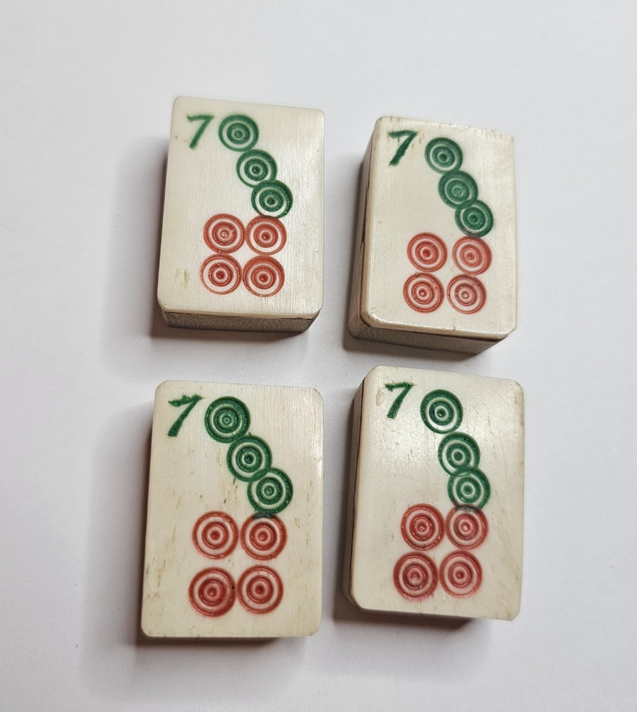 ~4~ c.1920-30s MAH-JONG BAMBOO BONE TILES #7 COINS DOTS WHEELS MA JONGG MAHJONG