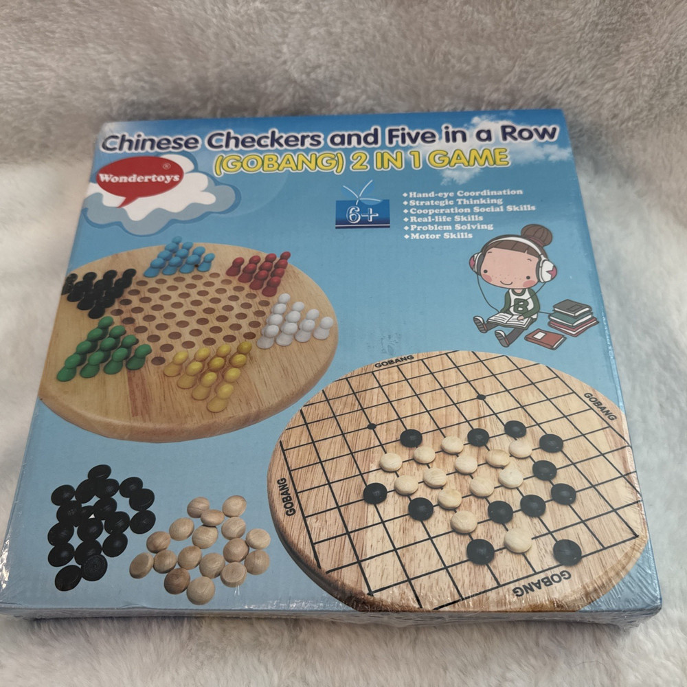 2 in 1 Chinese Checkers and Gobang (Five in a Row) Wooden Board Game NEW Sealed