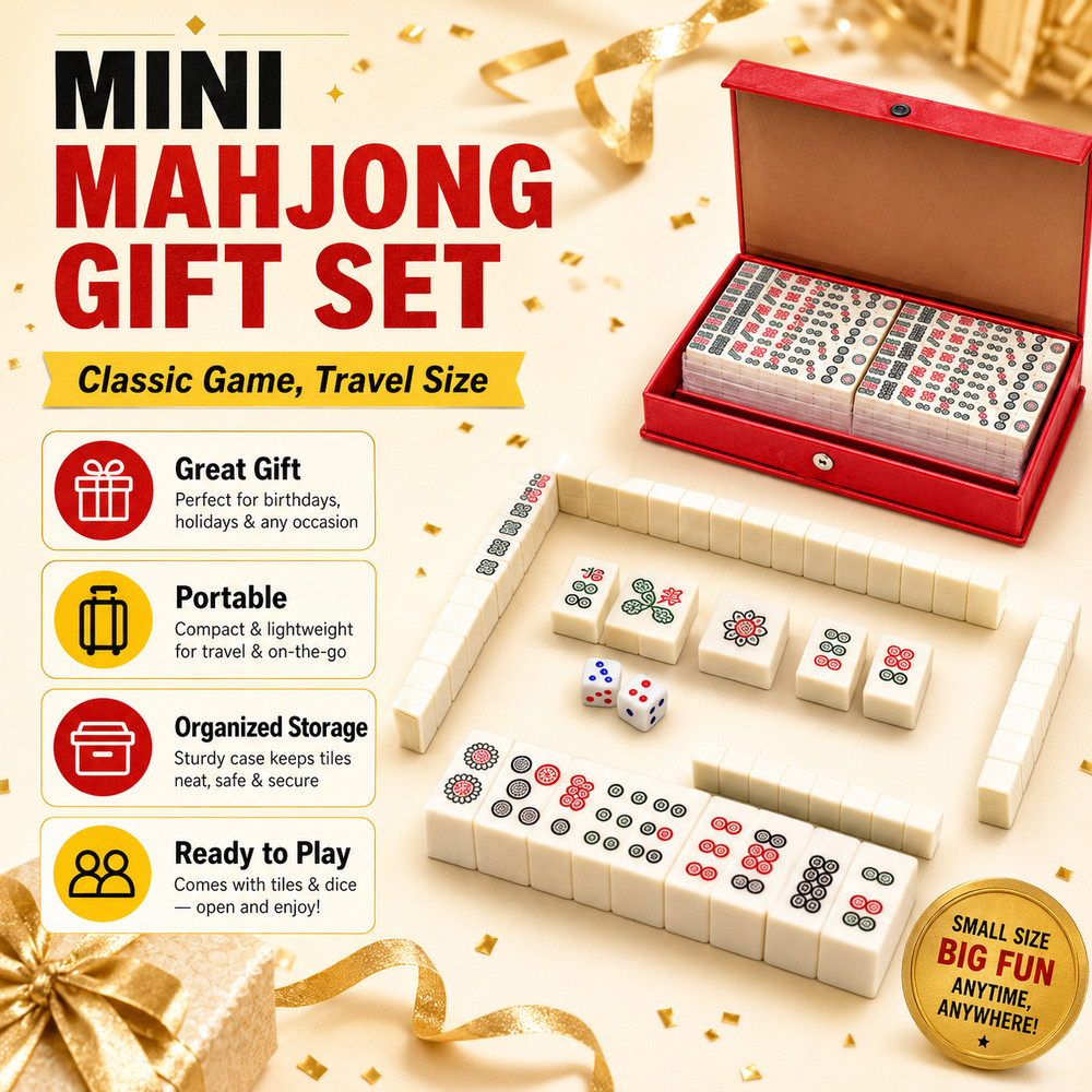 Compact Mini Mahjong Set with Dice Red Carry Case Travel Family Party Game Gift