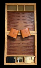 Vintage Backgammon Game Hand Tooled Leather Wood Wooden Brass Piece Hand Made