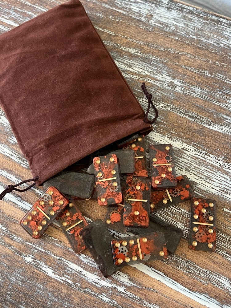 Old World Steampunk Resin Dominoes Game with Velvet Bag 28 pieces Handmade Gift