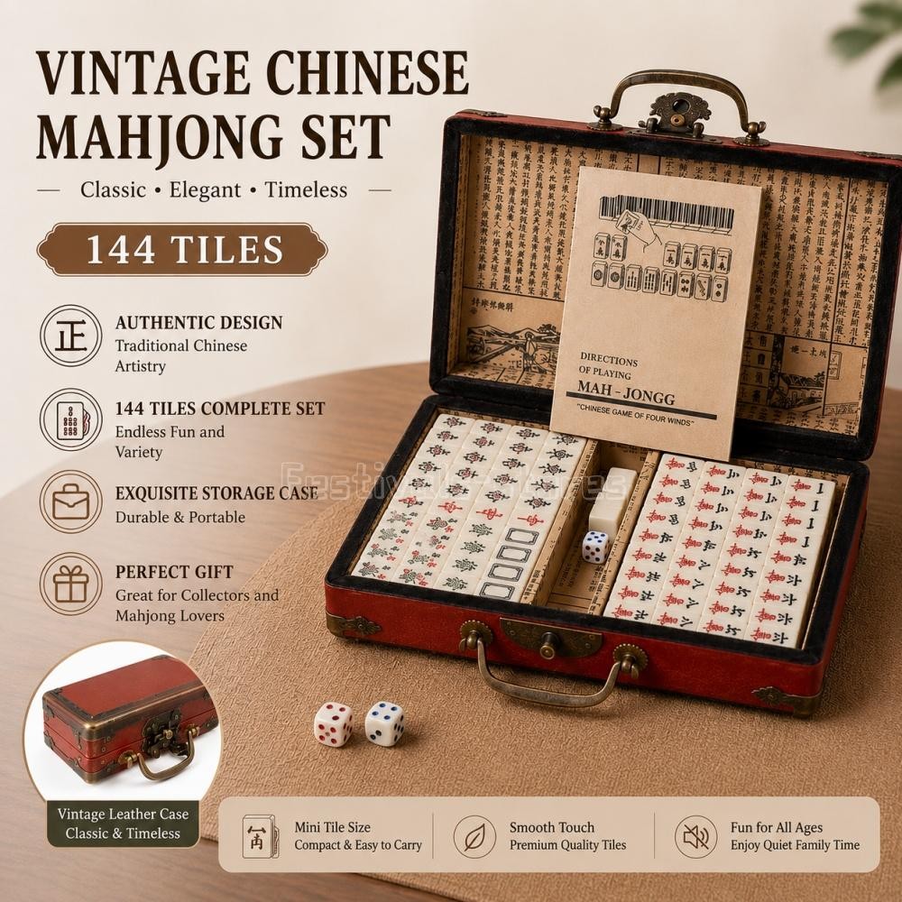 Vintage Chinese Mahjong Set Traditional 144 Tiles Mah-Jong Game Set w/ Case Box