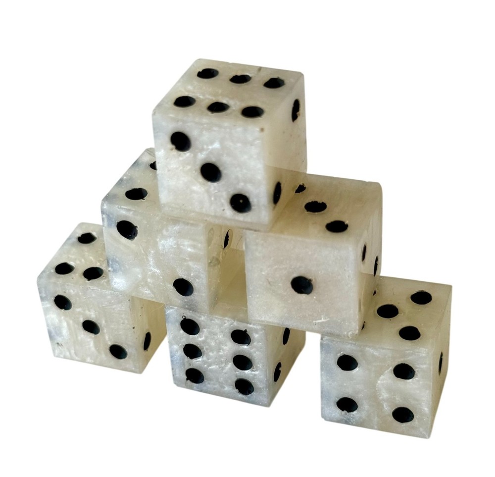Resin Dice Set 6pcs – Classic Black & Pearl – Handmade Replacement Dice Games
