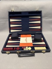 Vintage BACKGAMMON Travel Game Set Navy Blue Faux Leather Folding Case Compact
