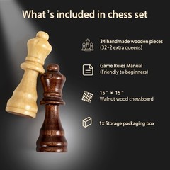 Chess Set Board Games for Adults: Handmade Walnut Wooden 15 2 Extra Queens