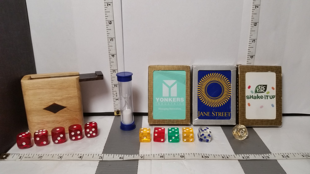 ODD LOT, Various / MISC Game Pieces Dice, Sand Timer, GEMACO Cards – USED