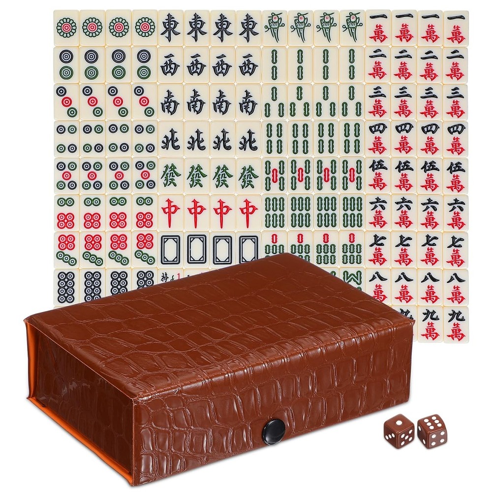Portable Mahjong Set Mini Travel Game with 144 Tiles Dice and Compact Case fo…