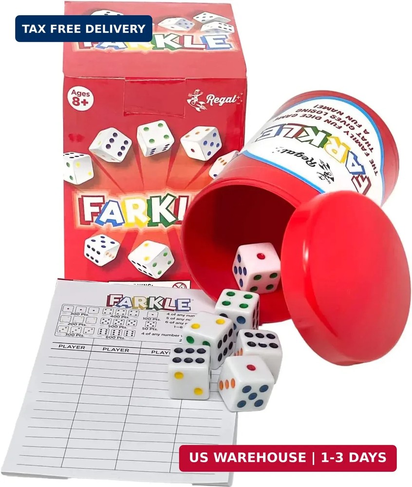 Regal Games – Farkle Classic Dice Game w/ 6 Colored Dice, 1 Convenient Dice Cup