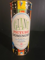 Vintage Jumbo Picture Dominoes Game Toy Pieces in Cardboard Canister (MISSING 1)