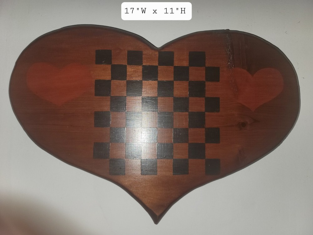 Vintage Handmade Heart Shaped Wood Checkerboard Game Folk Art Wall Hanging