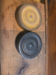 Lot of Vintage Wood Checkers In A Slide Top Dovetailed Wood Box- 30 Checkers.