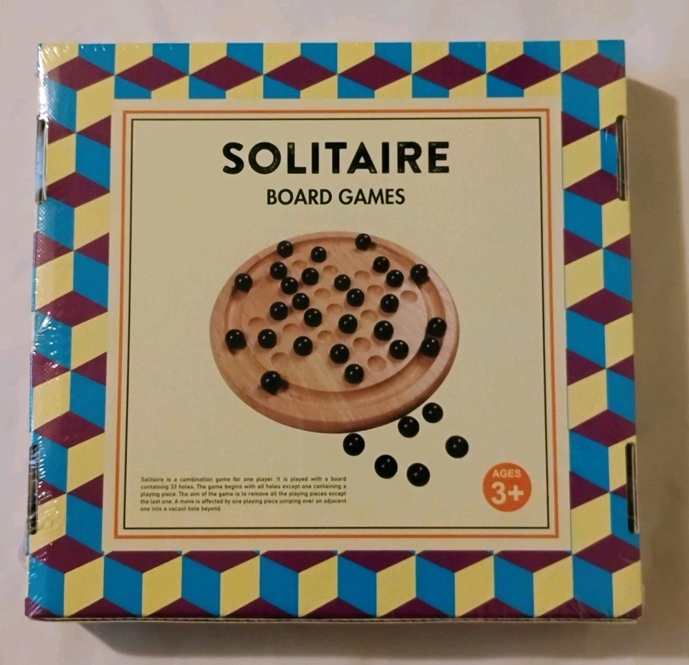Wooden Solitaire Board Game 33 Black Glass Marbles Memory Game New