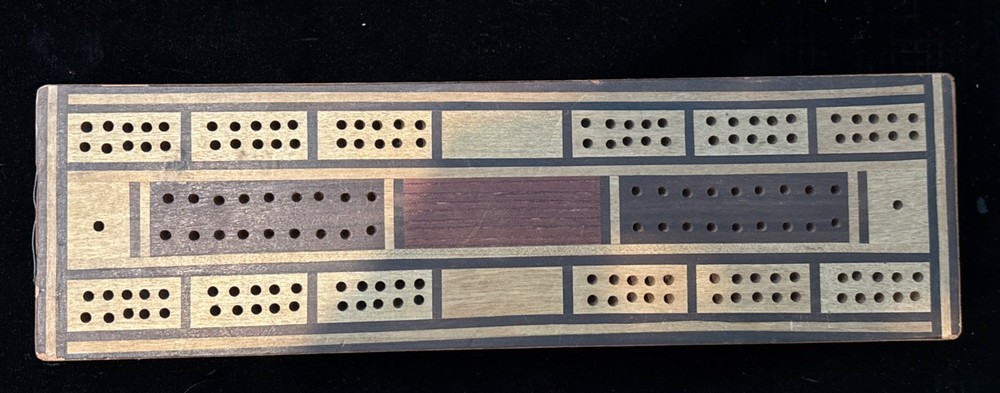 Mahogany Oak Walnut Maple Inlay Cribbage Board Mid Century Game Player 11″