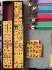 Vintage Mahjong Set Butterscotch Bakelite Tiles & 4 Multicolor Racks