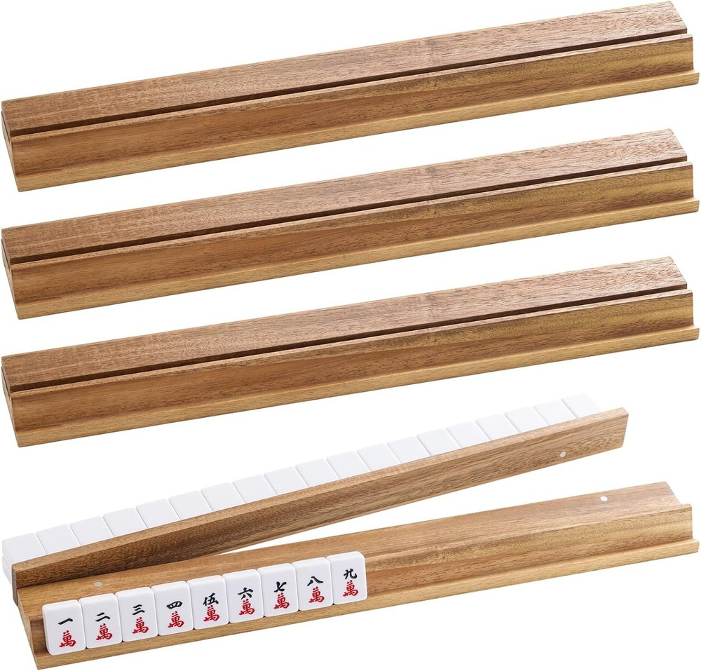 Wood Mahjong Racks,Set of 4 Tile Racks&Pushers, Complete with Storage Bag,Acacia