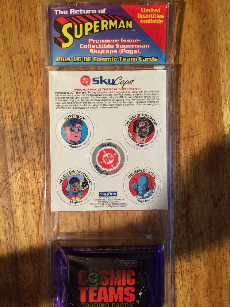 Pogs DC Sky caps The Return of Superman and 2 packs Cosmic teams cards