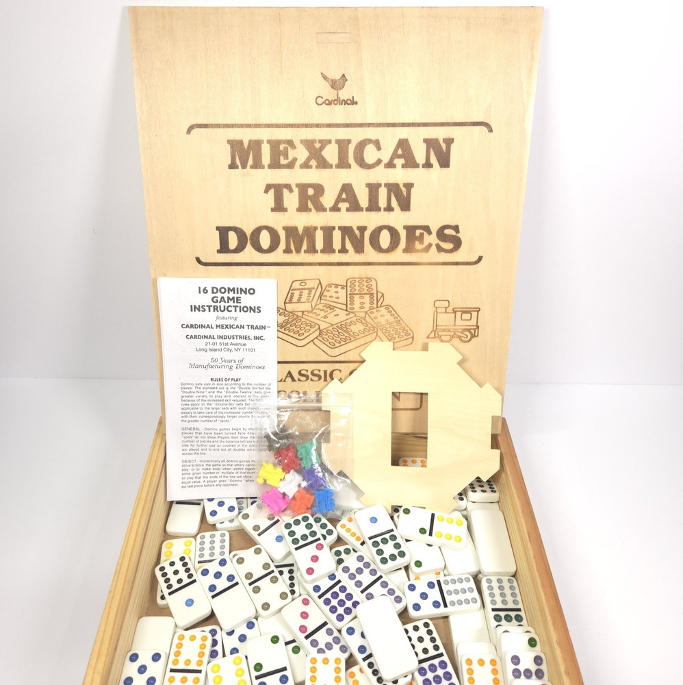 Cardinal Classic Collection Mexican Train Dominoes Wood Box Complete Game