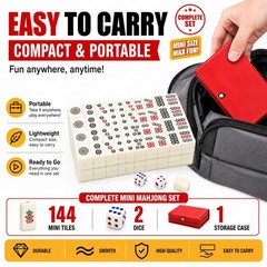 Travel Mini Mahjong Set 144 Tiles 2 Dice Red Carry Case Family Tabletop Game Toy