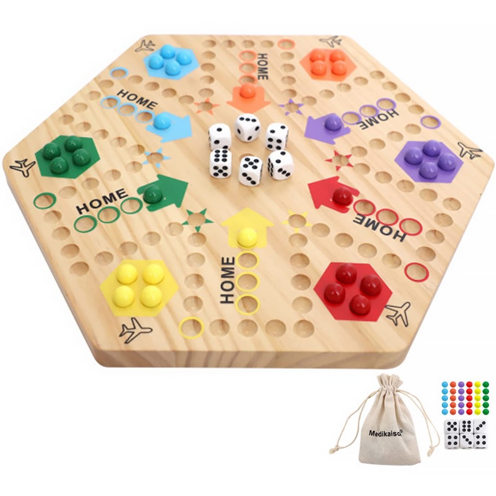 Double-Sided Wooden Wahoo Board Game for 4-6 Players, 6 Colors, 24 Marbles, 6…