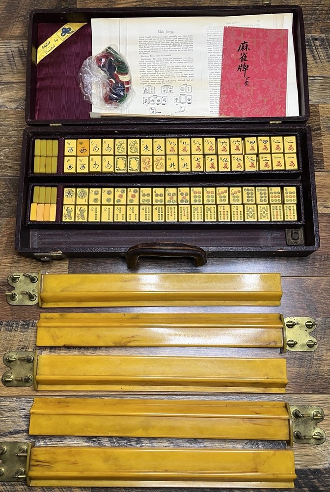 Vintage Bakelite Enrobed Mahjong Set MET Games Complete Extra Tiles Rare Butters