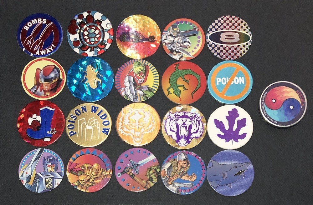 Lot of 20 Vintage 1990’s POGS Milk Caps, 1 Yin Yang Metal Slammer