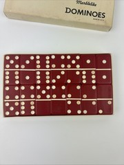 Vintage No. 616 Standard Marblelike Red 28 Dominoes Set Complete In Original Box