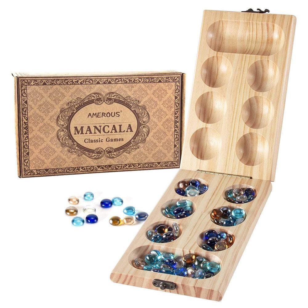 AMEROUS Wooden Mancala Board Game Set – Folding Standard Size, Multi Color
