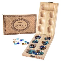 AMEROUS Wooden Mancala Board Game Set – Folding Standard Size, Multi Color