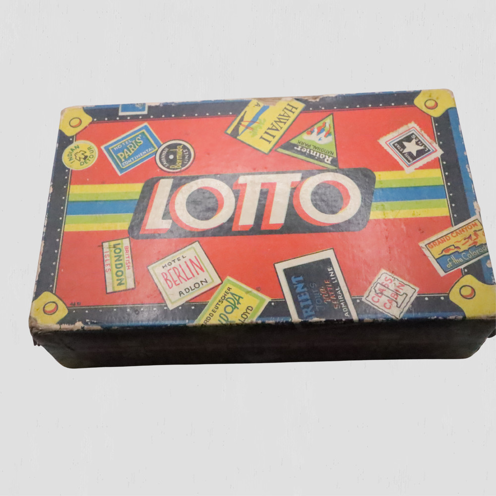 Vintage Old Milton Bradley Lotto Game Travel Suitcase Box Wooden Number Pieces